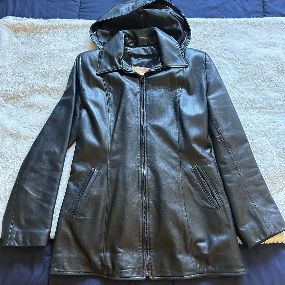The White Company Black Leather Hooded Jacket